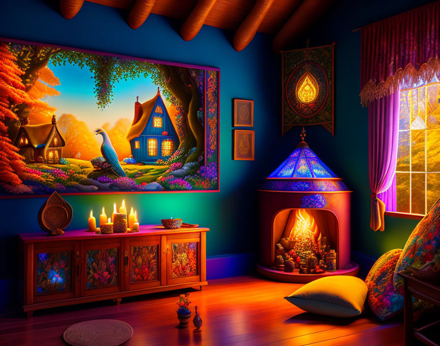 Colorful Furnished Room with Fireplace & Peacock View