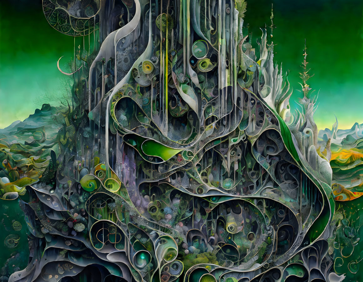 Intricate surreal painting of organic, green-hued landscape