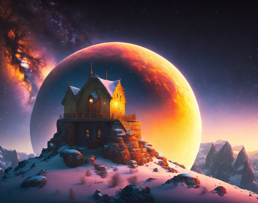 Snowy cliff with cozy cottage under red moon