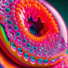 Colorful Abstract Circular Structure with Spiral Patterns and Bubble-like Textures on Turquoise-Pink Gradient Background