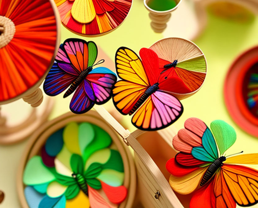 Vibrant Paper Butterflies on Wooden Stands for Decor