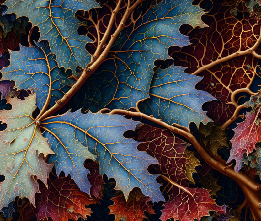 Colorful leaf and branch digital artwork with mosaic texture on dark background