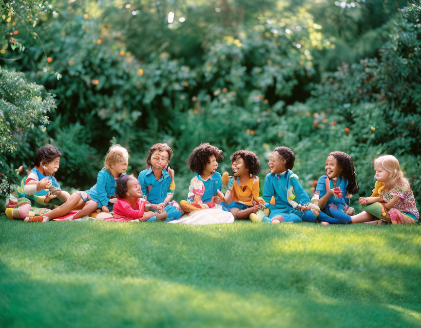 Diverse children smiling in circle on grass in park