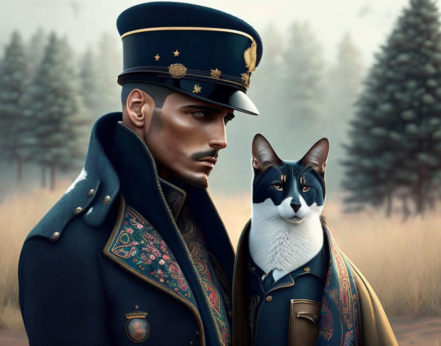 Illustration of man and cat in ornate military uniforms in misty forest.