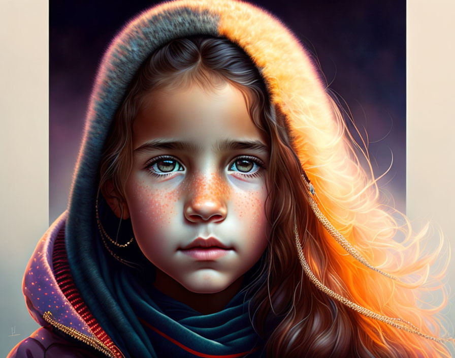 Young girl with blue eyes, freckles, and vibrant hair in a hood against dark backdrop