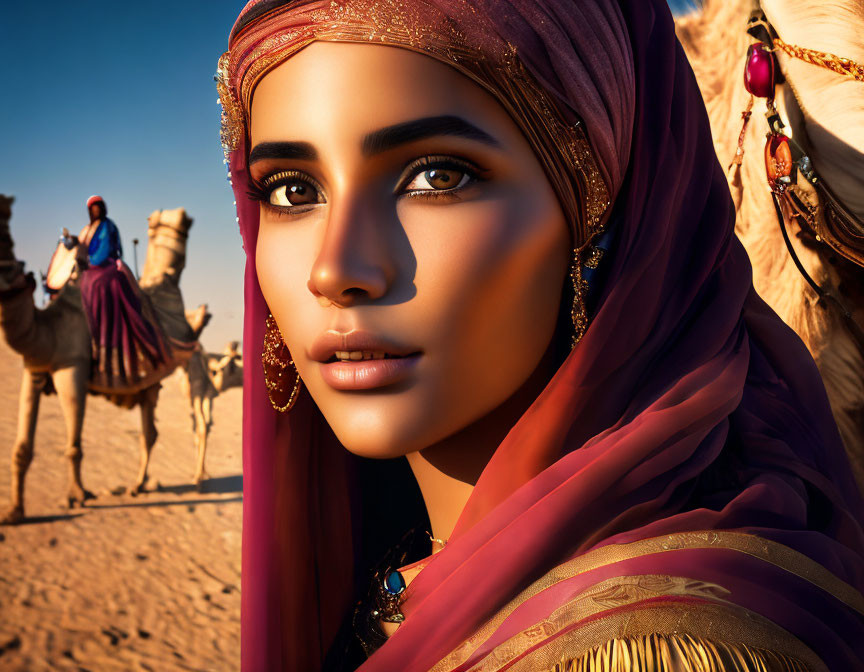 Woman with striking eyes in red headscarf, camels and desert dunes under clear sky