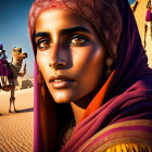 Woman with striking eyes in red headscarf, camels and desert dunes under clear sky