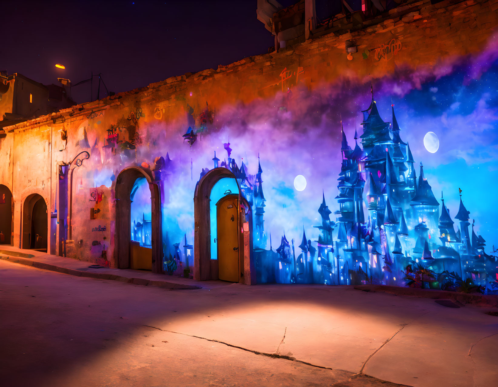 Colorful street art mural of fantastical castle under starry sky