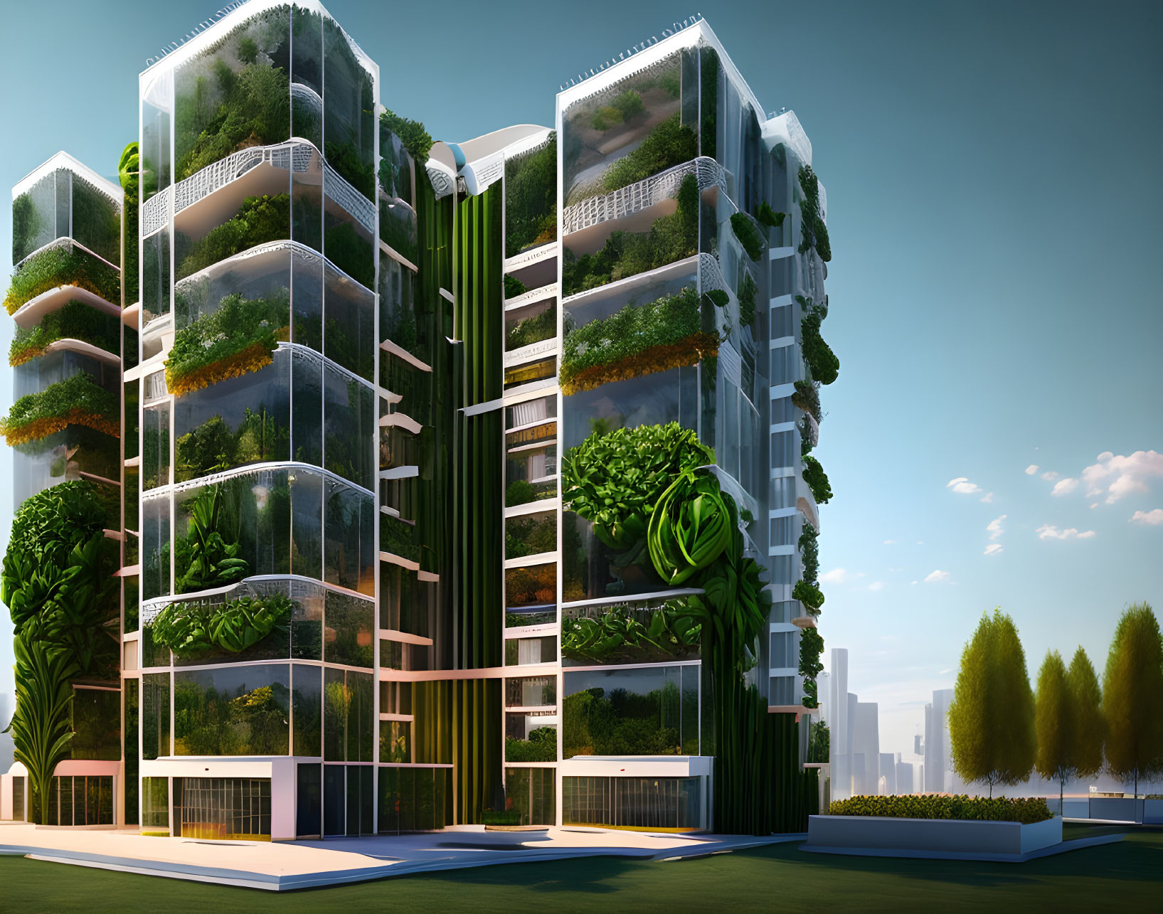 High-rise buildings with green balconies under clear sky