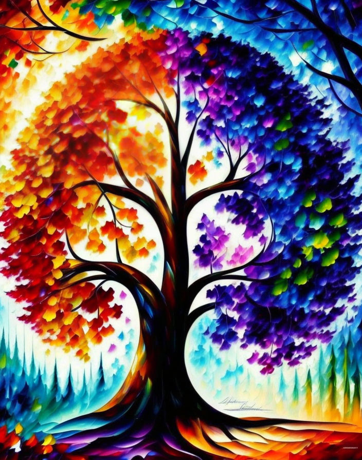 Seasonal tree painting with multicolored leaves in warm and cool tones