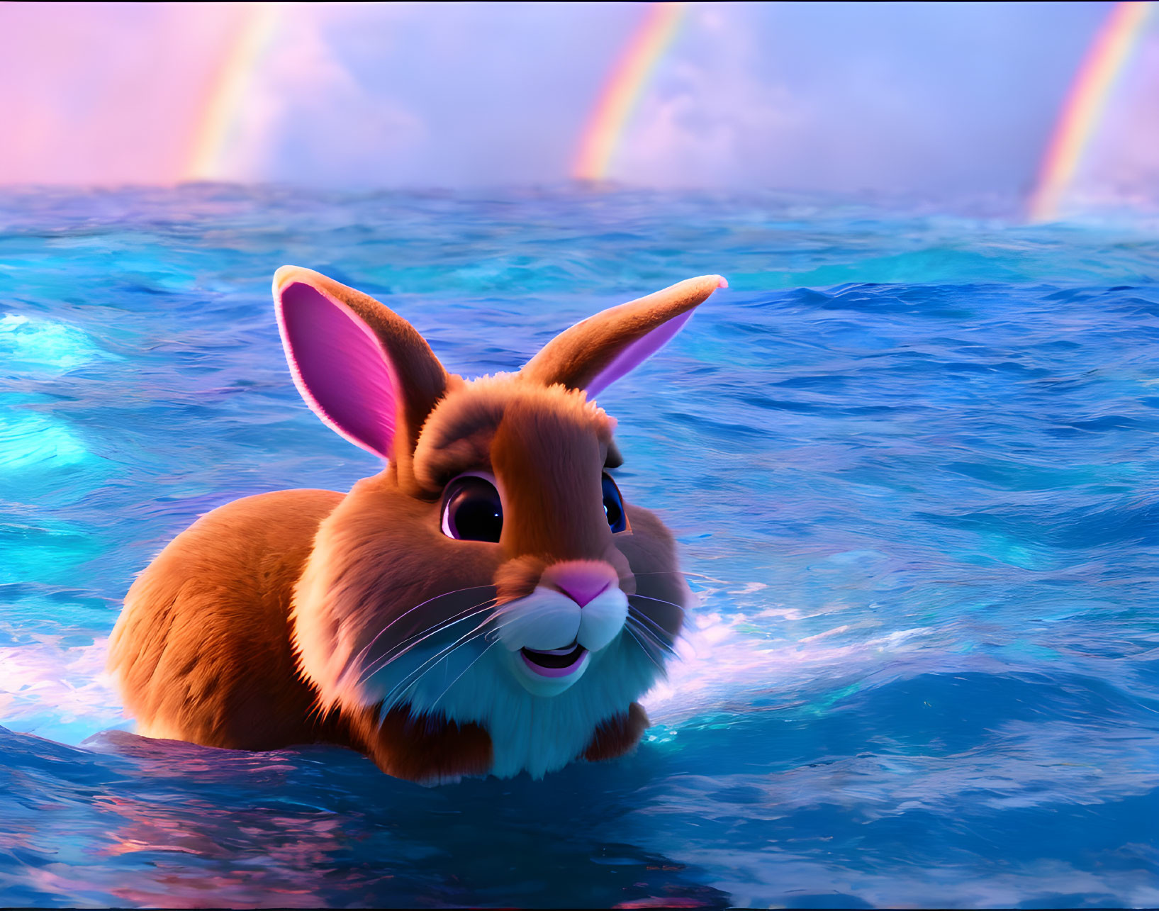 Animated bunny with large eyes on blue ocean with rainbows