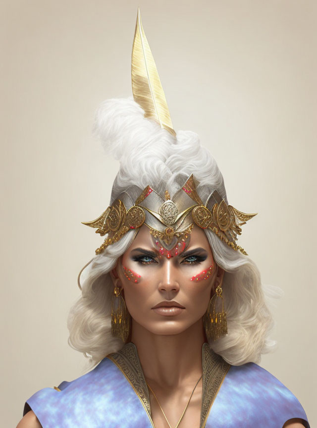 Fantastical female character with golden horned helmet and white hair on beige background