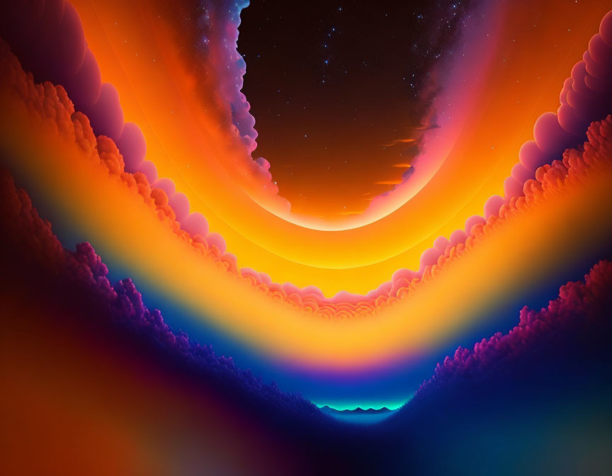 Colorful digital artwork: Layered sunset clouds over starry night sky and mountains