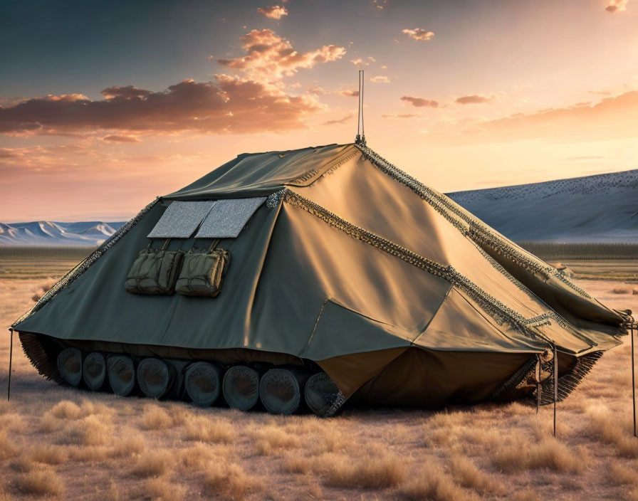 Military-style tent on tracked wheels in barren landscape at sunset