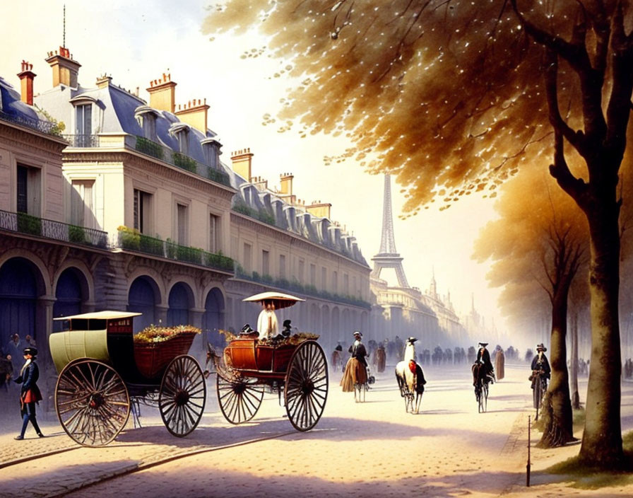 Historic street scene with horse-drawn carriages and Eiffel Tower.