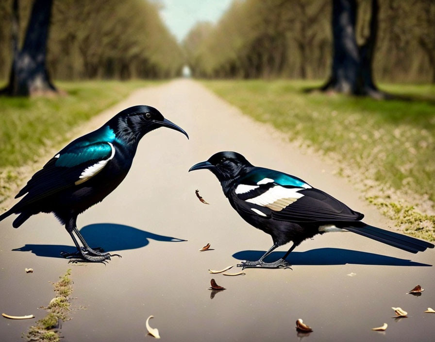 Vibrant magpies on pathway with trees and fallen leaves