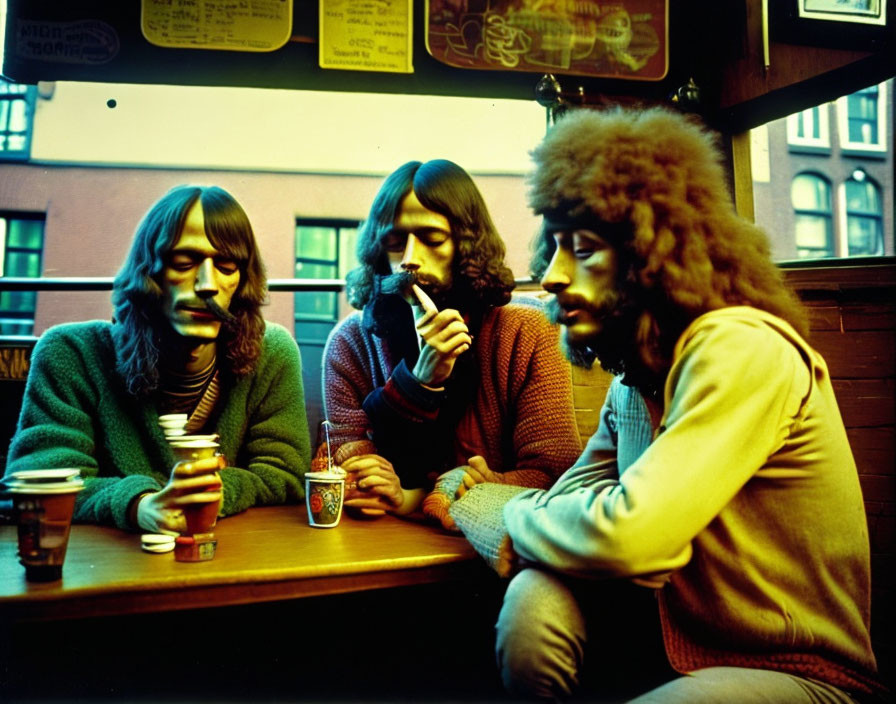 Three people in 1970s attire at a bar with smoking pipes and beer.