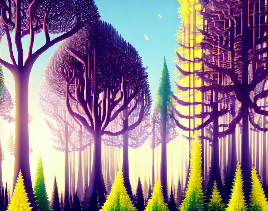 Fantastical forest with oversized purple trees and sunlit mist.