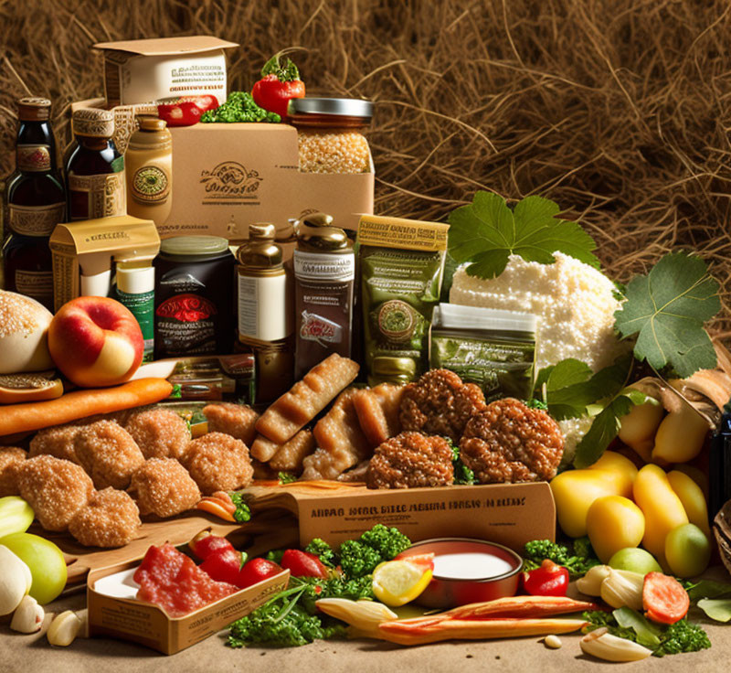 Assorted gourmet food items on rustic backdrop