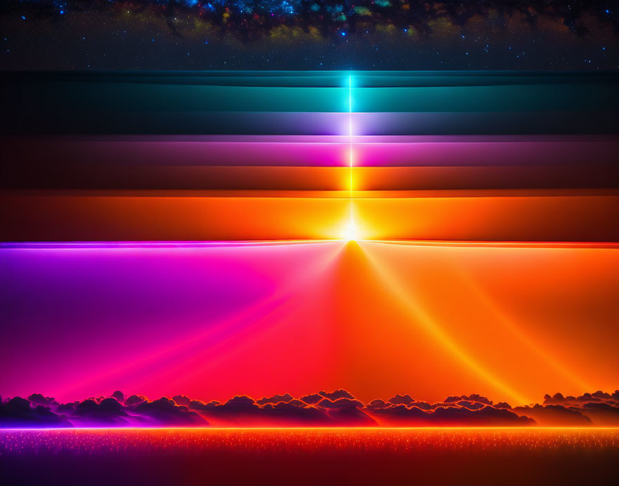 Colorful Digital Landscape with Transitioning Spectrum Above Silhouetted Bushes