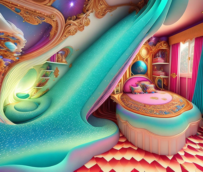 Colorful Surreal Room with Flowing Staircase & Round Bed