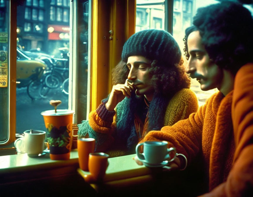 Two people in cozy attire by window, sipping coffee, with yellow car.