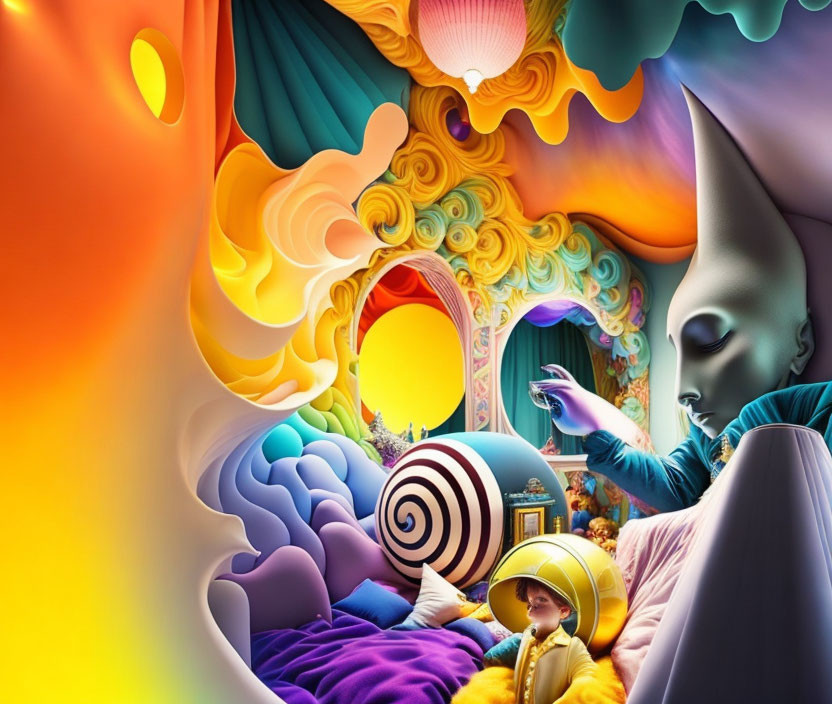 Colorful surreal artwork: Alien figure, abstract shapes, person in yellow outfit