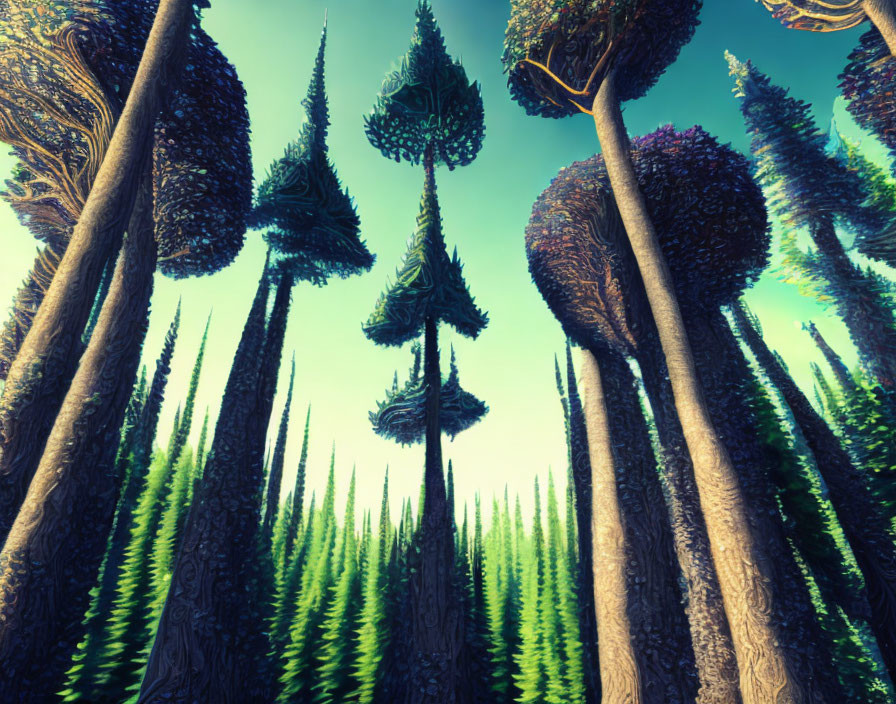 Tall, slender trees in a fantastical forest under a blue sky