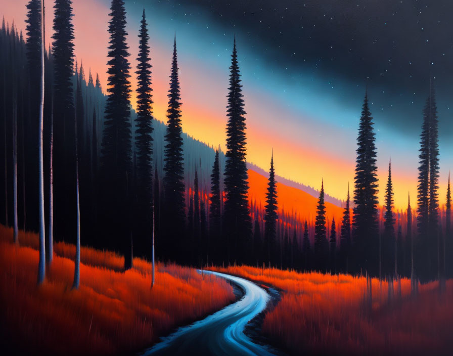 Forest with Tall Pine Trees and Winding Road under Starry Night Sky