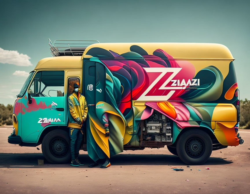 Colorful vintage van with abstract art and "ZIAZI" word, person in matching jacket