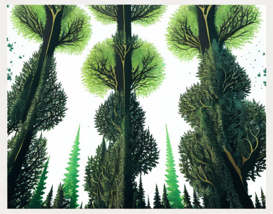 Detailed forest illustration with stylized trees and gentle green palette