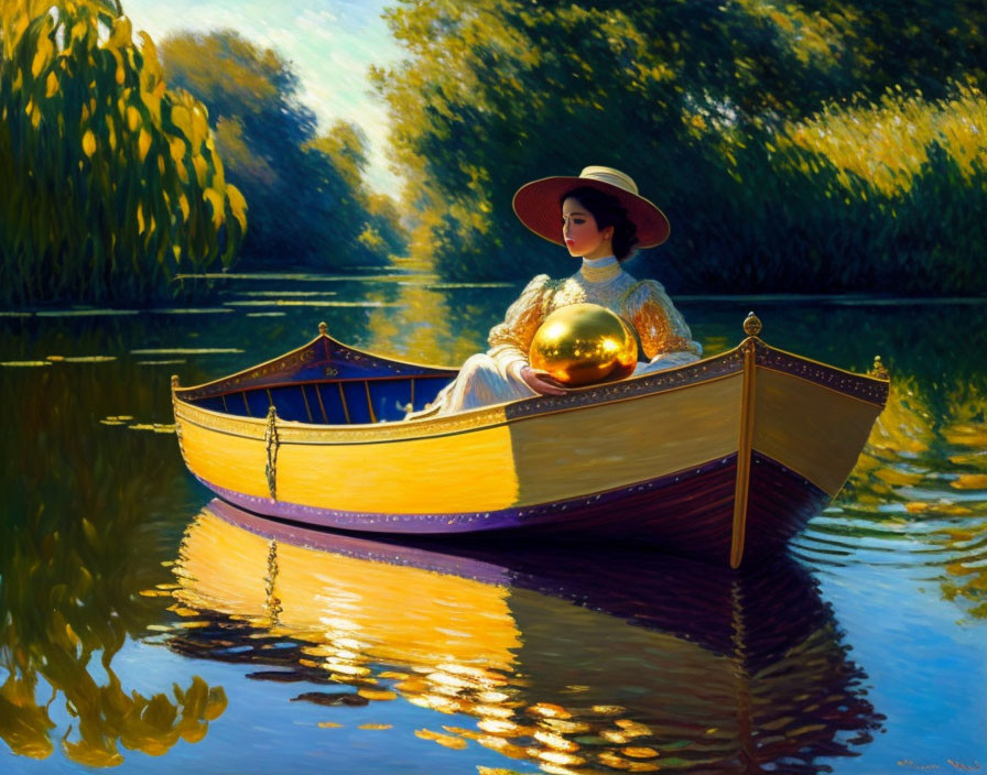 Woman in white dress and straw hat with reflective orb in golden boat on serene river.