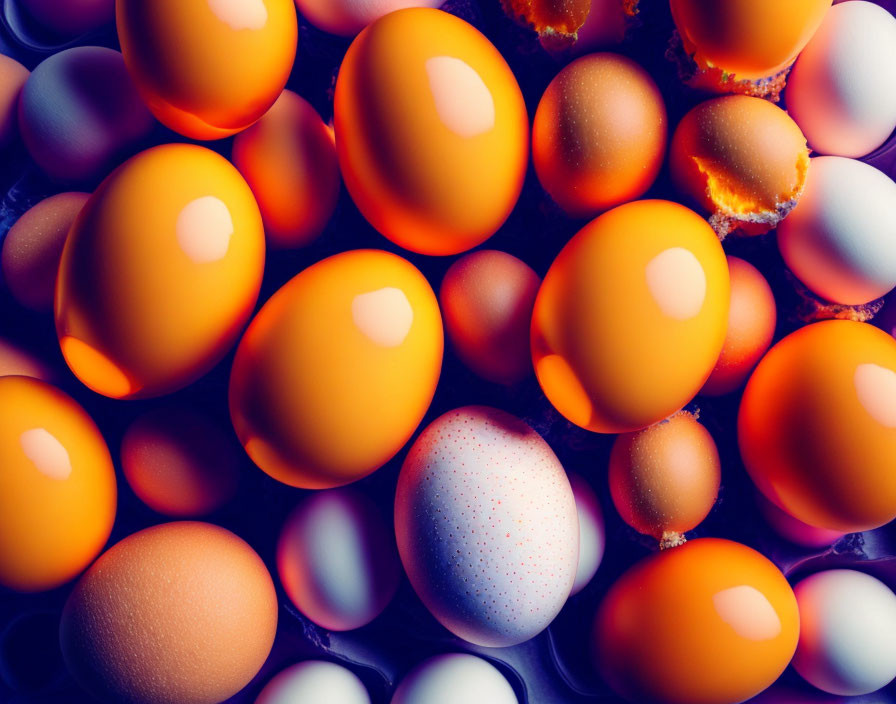 Assorted chicken eggs in orange, white, and speckled tones in purple carton with warm