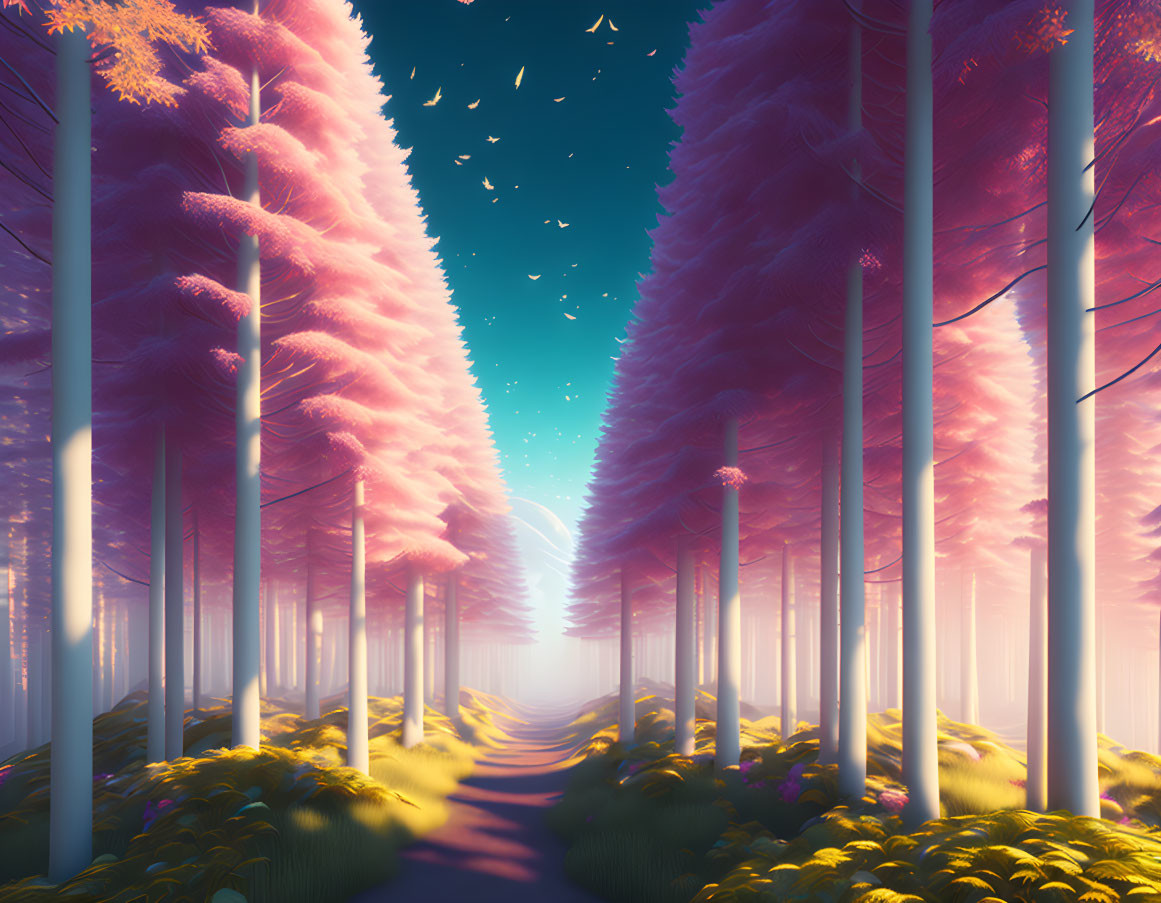 Enchanting pink forest with golden foliage under starry sky