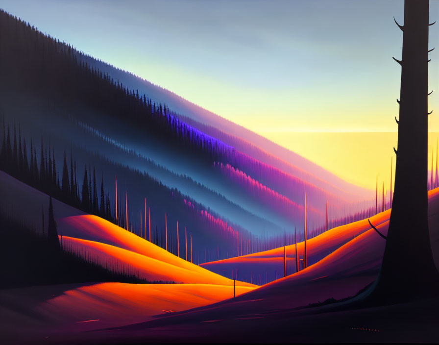 Sunset digital art: Rolling hills, forests, purple to orange gradient, tree silhouettes