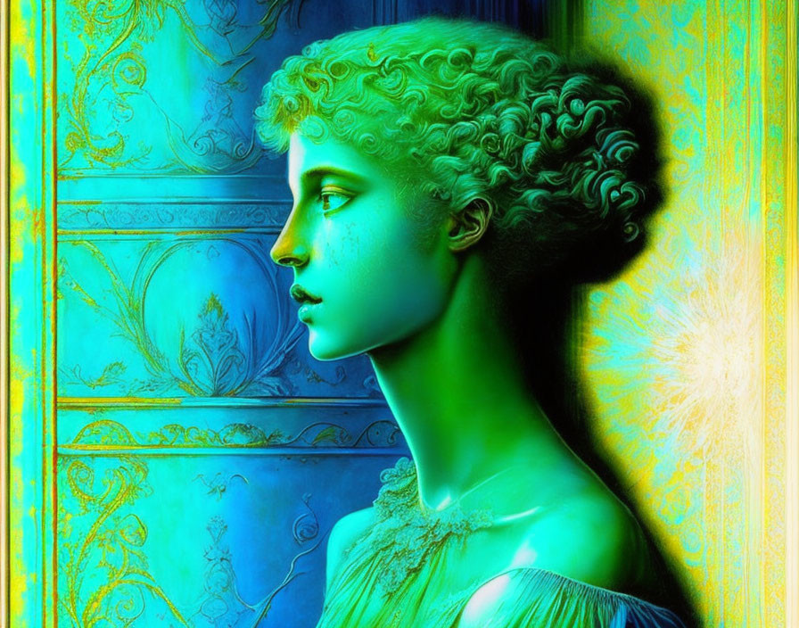 Intricate classical features of a woman in vibrant digital art