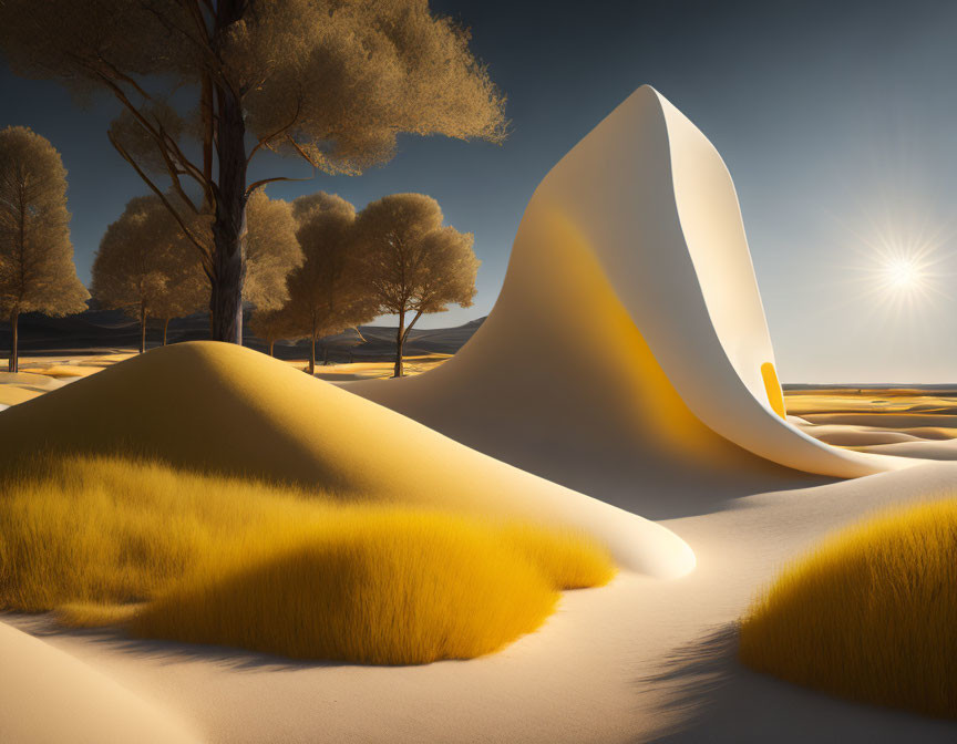 Sunlit surreal sand dunes, yellow grass, and shadowed trees in serene desert scene