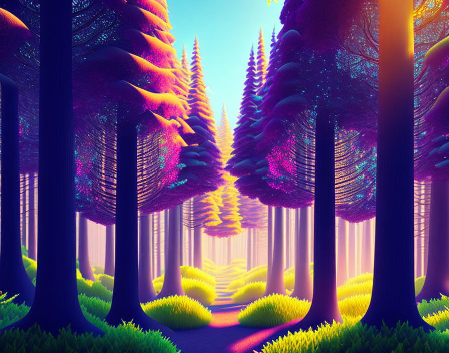 Neon-lit forest with mystical color scheme