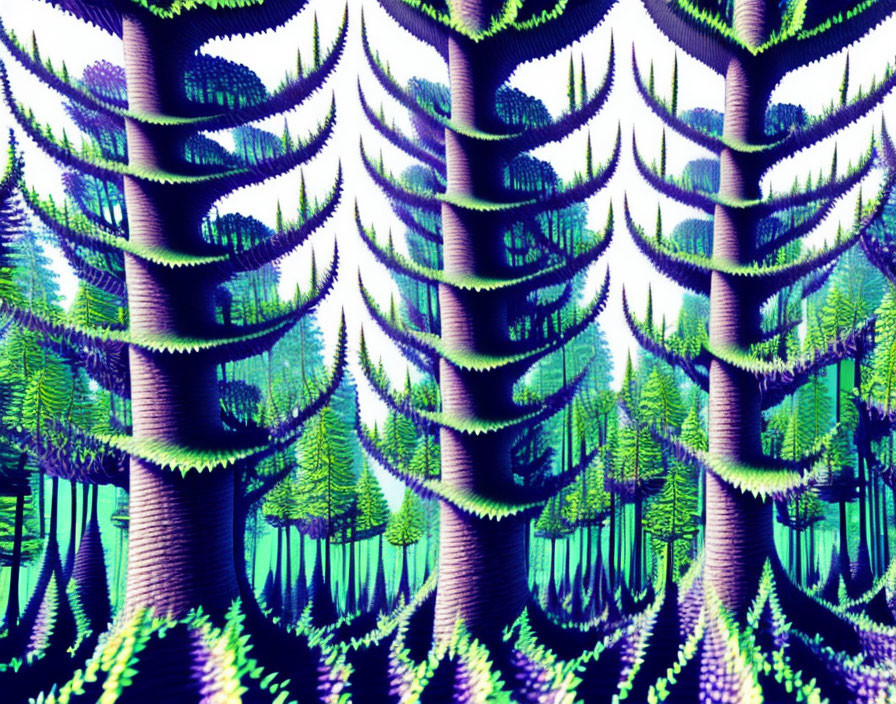 Vivid Blue and Purple Fractal Forest with Spiral-Patterned Trees