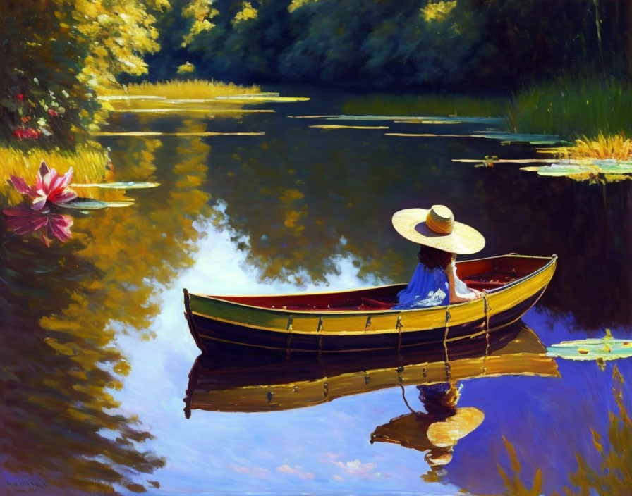Person in wide-brimmed hat in red canoe on calm river with lush greenery and pink water