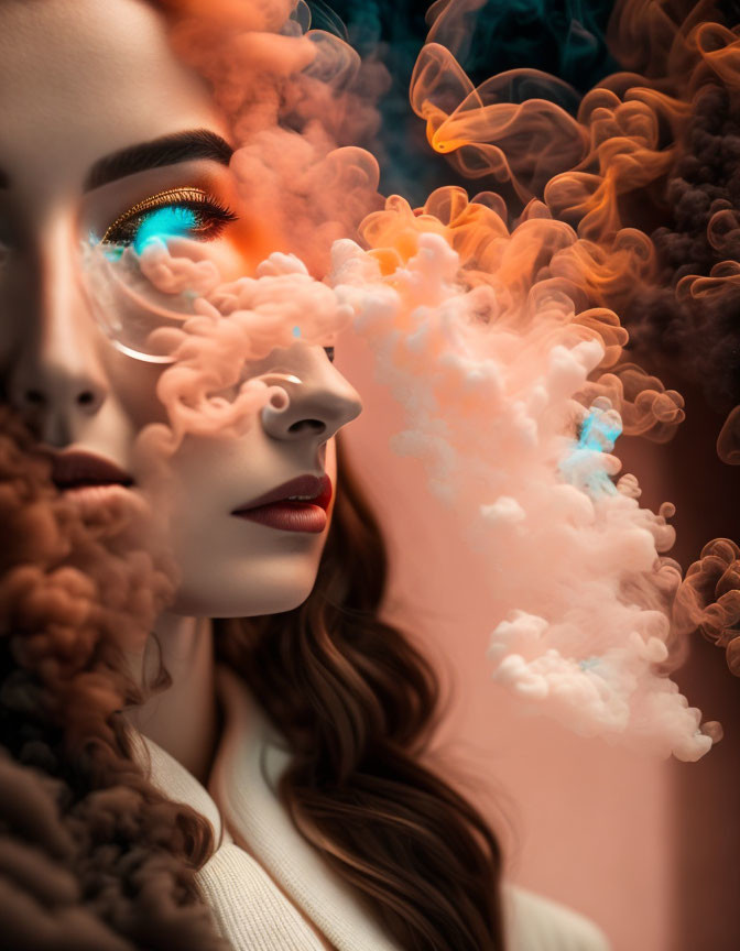 Colorful Smoke Surrounds Woman with Striking Eye Makeup