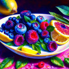 Colorful Fruit Plate with Blueberries, Raspberries, Citrus, and Green Leaves