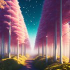 Enchanting pink forest with golden foliage under starry sky