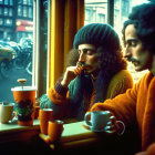 Two people in cozy attire by window, sipping coffee, with yellow car.