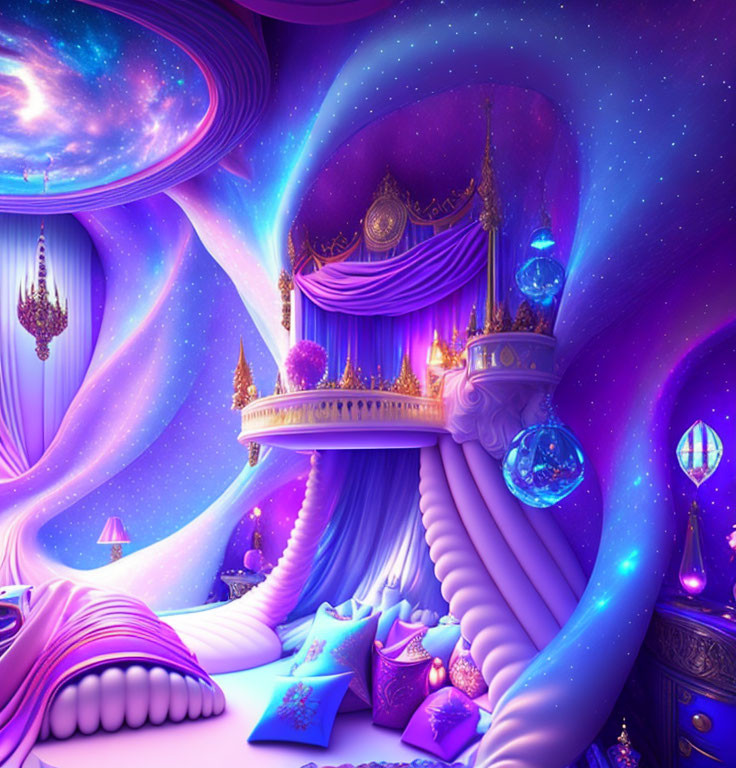 Fantasy room with cosmic balcony, swirling stairs, plush cushions