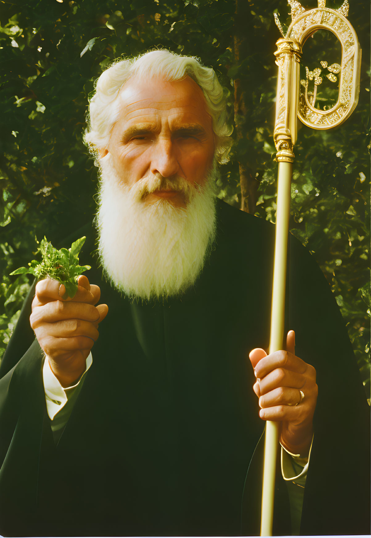 Elderly man with white beard holding golden staff and green plant against leafy backdrop