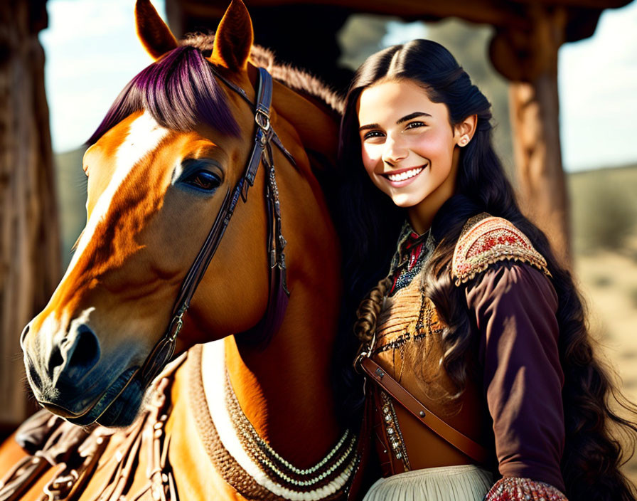 Smiling woman with braided hair and brown jacket beside brown horse with purple-tinted mane in