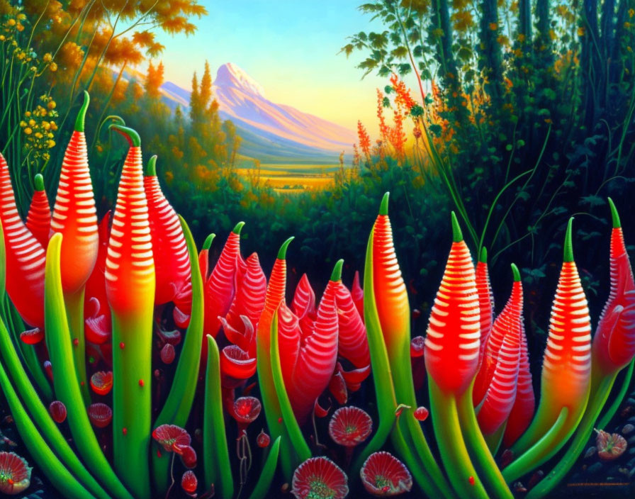 Surreal painting: red and green trumpet plants against twilight mountain landscape