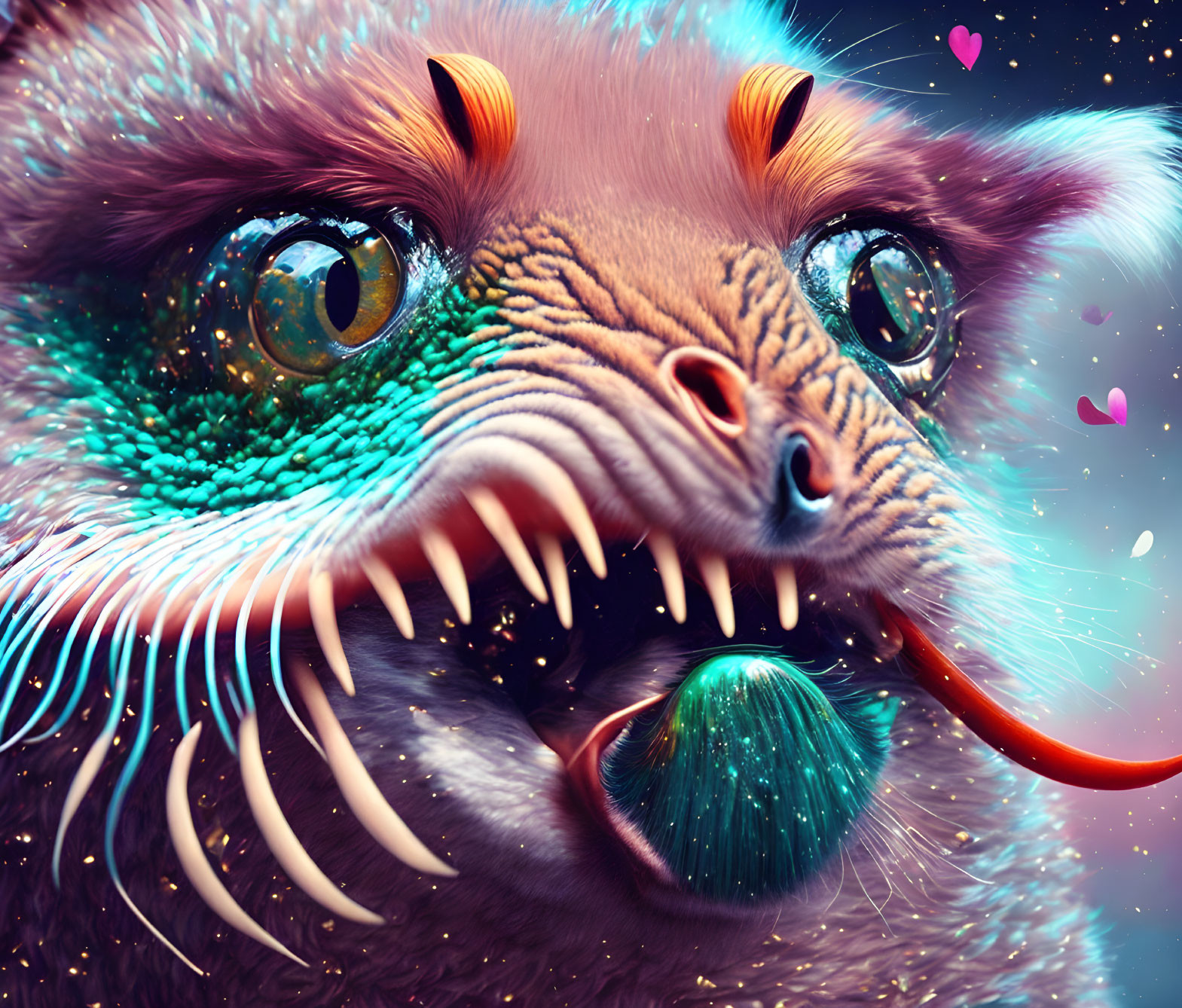 Colorful digital artwork of a fantastical creature with green eyes, fangs, fur, and hearts