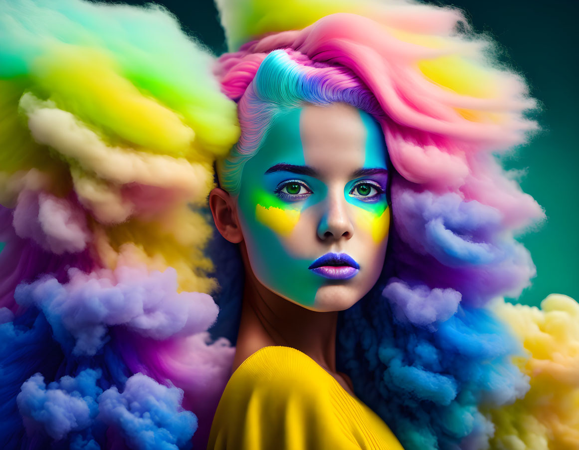 Vibrant rainbow hair and makeup with fluffy clouds on teal background